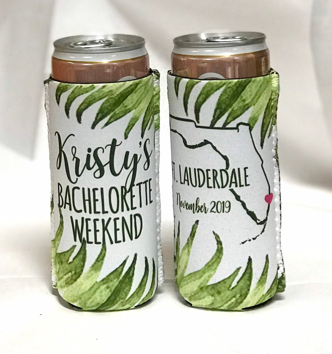 Palm Leaves Party Huggers. Slim Can Wedding or Bachelorette Party Favors. Beach Girl's Weekend or Family Vacation .
