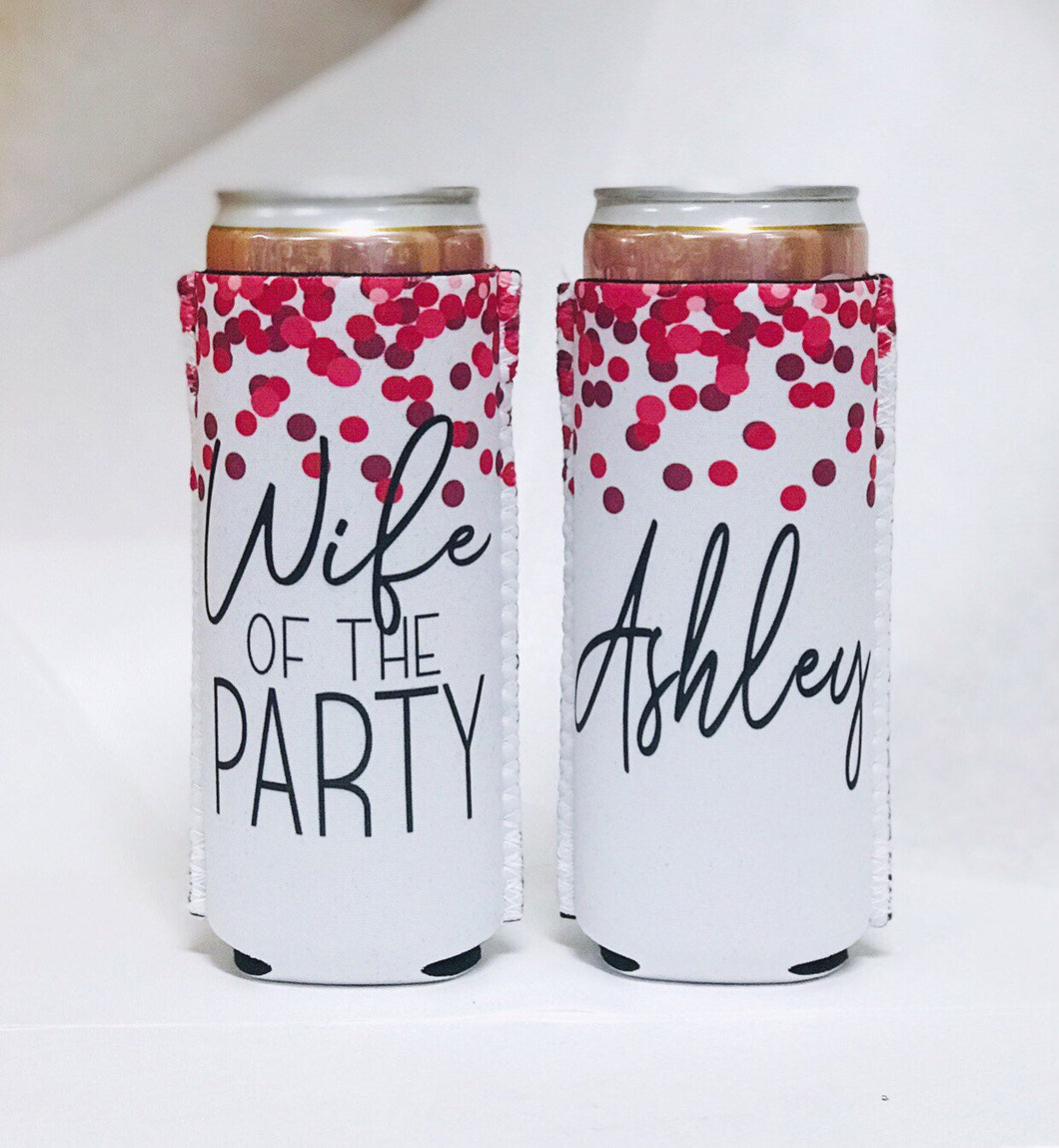 Slim party huggers. Skinny can party favors. Personalized Wife Of the Party Bachelorette Party Favors. Slim Wedding Shower party favors!