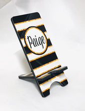 Load image into Gallery viewer, Black and Gold &quot;Glitter&quot; Stripes Phone Stand
