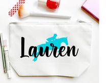 Load image into Gallery viewer, Equestrian Personalized Make Up bag. Hunter Jumper Gift Dressage 3 Day Event  Make up Bag. Personalized Equestrian Team Gift! Horse Birthday
