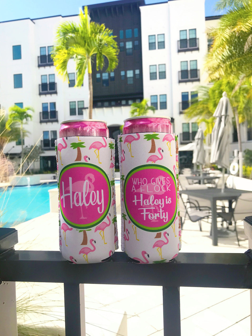 Flamingo Slim Can Beverage Huggers. Custom Birthday or Bachelorette Party Favors. Personalized Flamingo Party Favors!