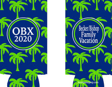 Load image into Gallery viewer, Navy Palm Tree Vacation Huggers. Bachelorette or Birthday Beach Favors. Slim Beach Bachelorette Party Favors.Personalized vacation Huggers!
