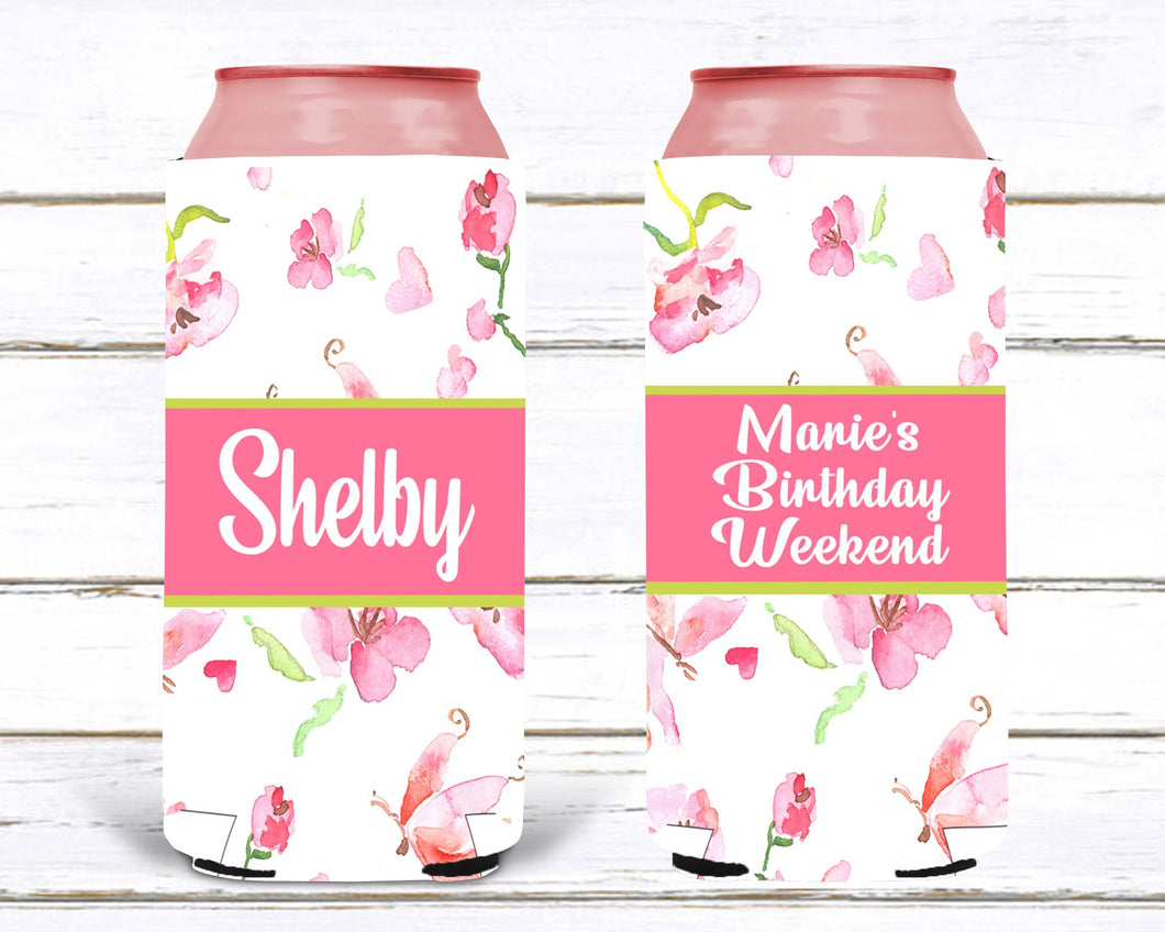 Floral Slim party huggers. Skinny can Bridesmaid gifts. Personalized Birthday or Bachelorette Party Favors. Slim Can Floral party favor!