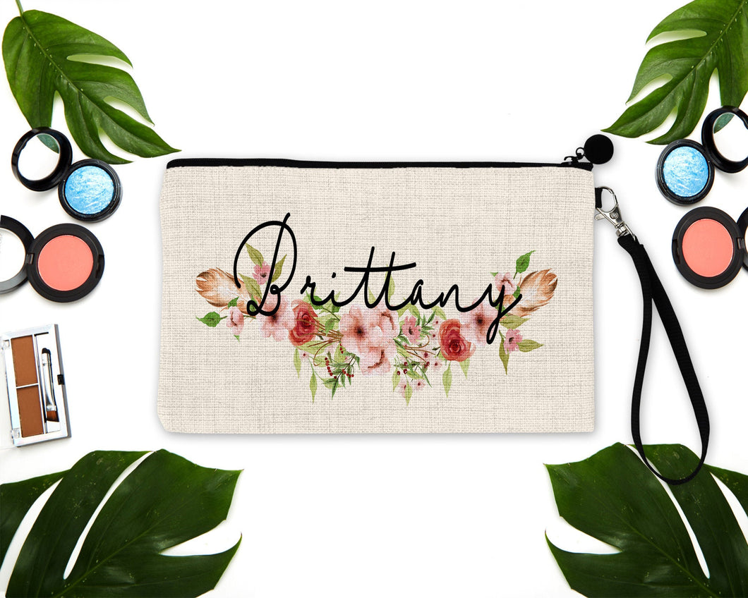 Boho Floral Linen Make up bag. Personalized Bachelorette or Girls Weekend Favors. Bridesmaid Cosmetic Bag. Bridesmaid Proposal Gifts!