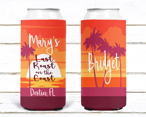Palm Tree Sunset Huggers. Bachelorette or Birthday Beach Party Favors. Personalized Family Vacation Beach Coolies!