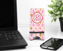 Load image into Gallery viewer, Pink and Gold Watercolor Cell Phone Stand. Name or Monogram! Cell phones, Iphone dock for Desk, Nightstands, Kitchen Counters!
