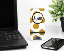 Load image into Gallery viewer, Polka Dot Cell Phone Stand. Name or Monogram! Cell phones, Iphone dock for Desk, Nightstands, Kitchen Counters!
