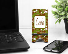 Load image into Gallery viewer, Camo Cell Phone Stand. Guys Phone Stand, Great hunter gift. Custom Brother, Husband, son gift.
