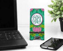 Load image into Gallery viewer, Damask Cell Phone Stand. Monogram Cell Phone Stand, Fits most Cell phones, iPhone dock for Desks, Night Stands,Vanities
