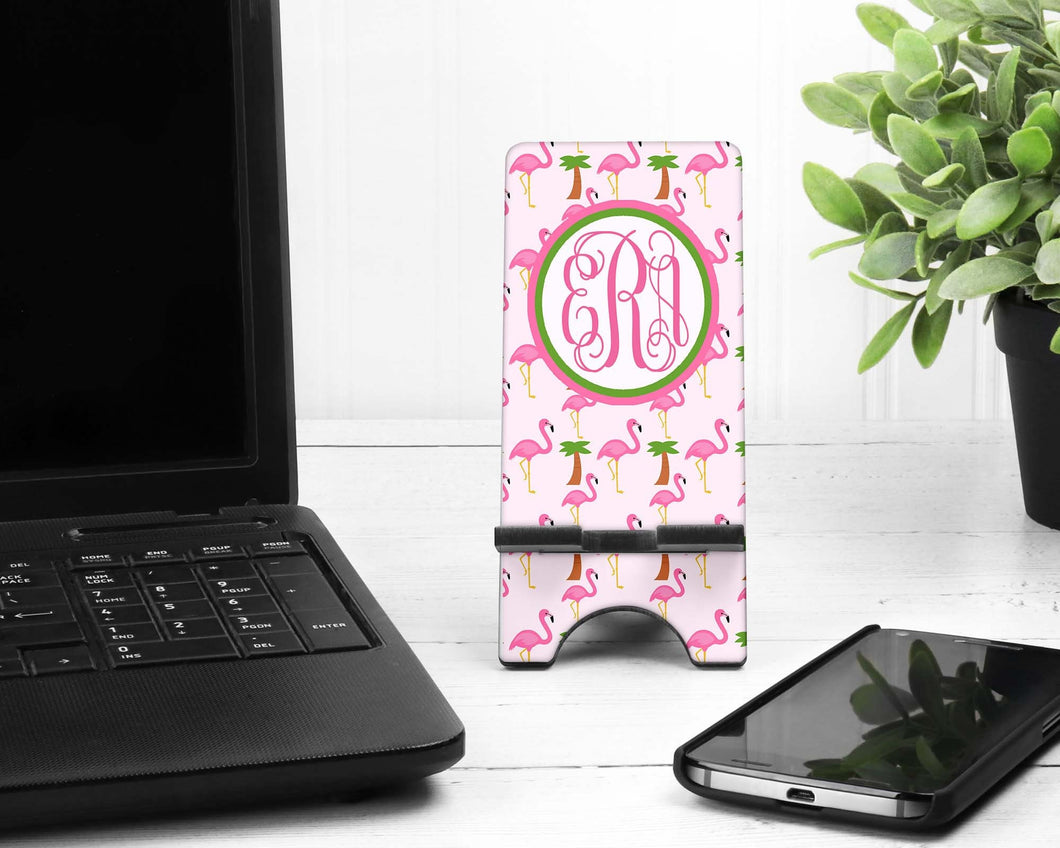 Flamingo and Palms Monogram Cell Phone Stand. Flamingo Cell Stand, Fits most Cell phones, I phone dock for Desks, Night Stands, Counters!