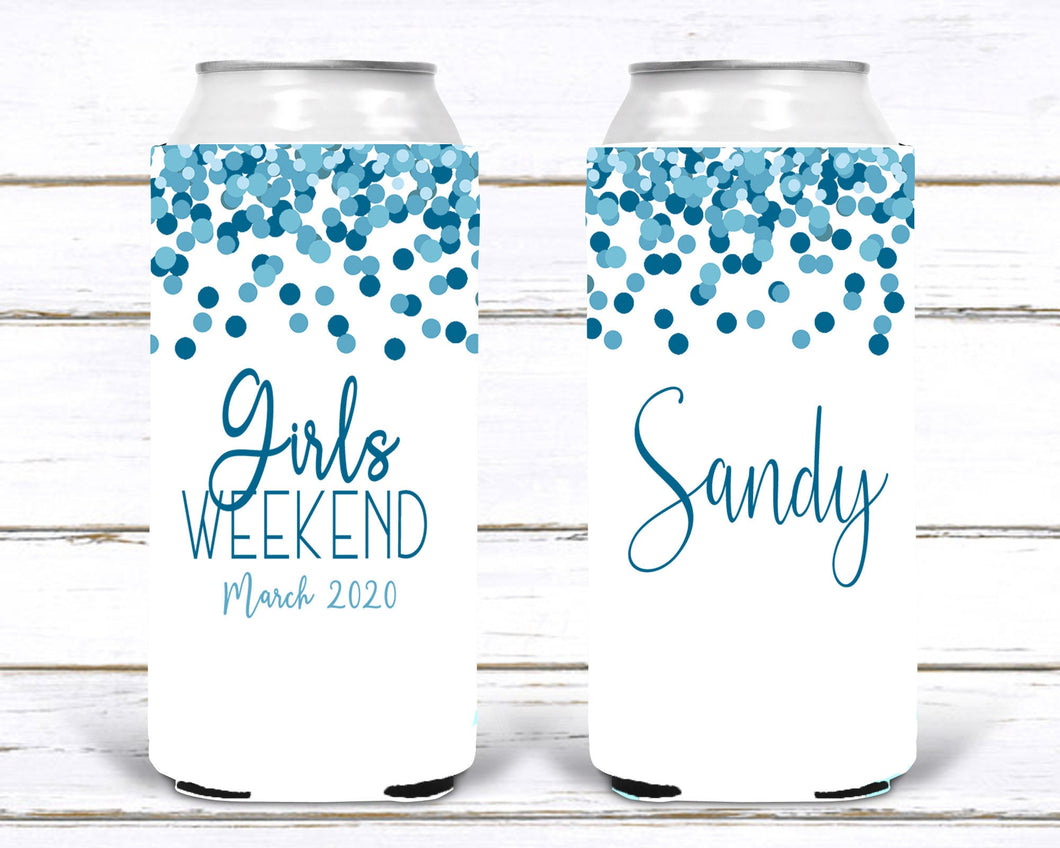 Confetti party huggers. Skinny can party favors. Personalized Birthday or Bachelorette Party Favors. Slim Girls Weekend party favors!