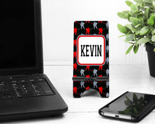 Load image into Gallery viewer, Hockey Cell Phone Stand. Guys Hockey Cell Phone Stand, Hockey gift!  Hockey team gift. hockey dad gift. Hockey mom gift. Custom hockey gift.
