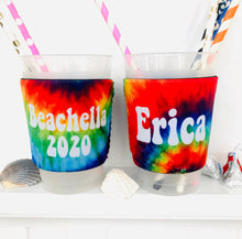 Load image into Gallery viewer, Tie Dye Solo Cup Huggers. Groovy Bachelorette Party favors. Boho Girls weekend or Birthday too. Custom Hippie Bachelorette Favors.
