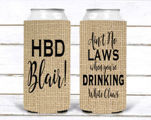 Load image into Gallery viewer, Burlap Slim party favors. 21 30 40 50 Birthday Party Huggers! Custom Bachelor Party Gifts. Bachelorette Burlap Slim Can Party Favors.
