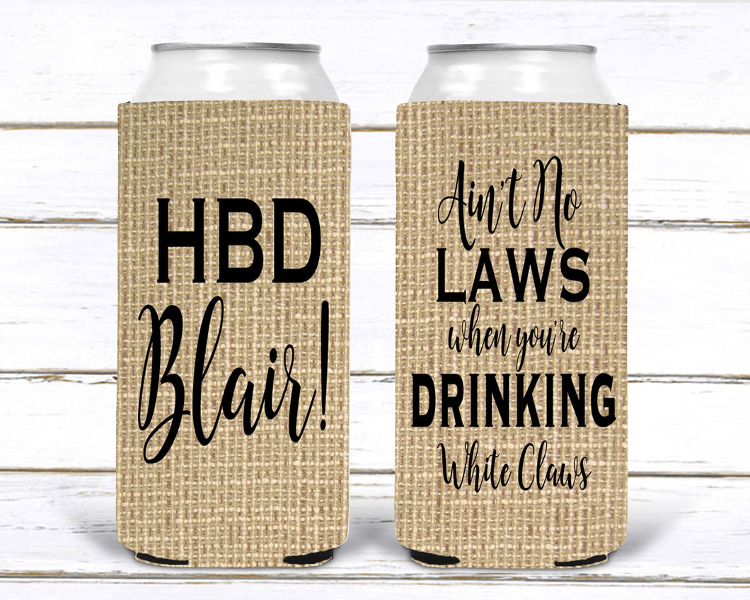 Burlap Slim party favors. 21 30 40 50 Birthday Party Huggers! Custom Bachelor Party Gifts. Bachelorette Burlap Slim Can Party Favors.