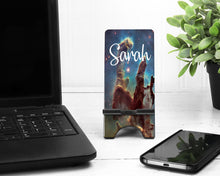 Load image into Gallery viewer, Space Themed Cell Phone Stand. Nebula Cell Phone Stand, Astronomy themed gift! Space Gift! Personalized Teacher present!
