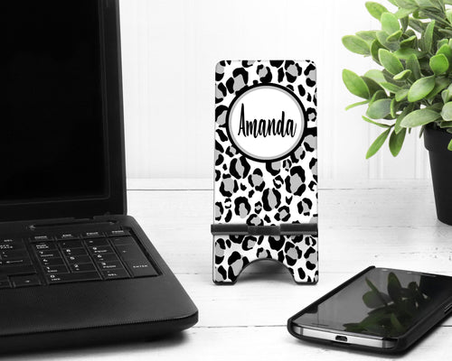 Snow Leopard Cell Phone Stand. Custom Leopard Cell Phone Stand, Fits most Cell phones, Great Personalized Gift. Teacher Gift! Co Worker Gift