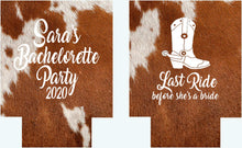 Load image into Gallery viewer, Western Cowhide Bachelorette or Birthday Slim Can Favors. Personalized Austin or Nashville Party. Custom Colorado Western Wedding Favors.
