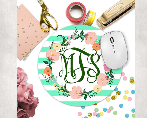 Floral Wreath Mouse Pad. Custom  Monogrammed Gift. Perfect Cottage Chic Desk Accessory!