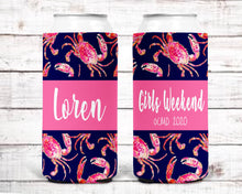 Load image into Gallery viewer, Crab Party Huggers. Slim Bachelorette or Birthday Beach Favors. Crab theme Favors. OCMD Beach Vacation! Skinny Can Crab Boil Favors
