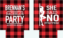 Load image into Gallery viewer, Buffalo Plaid Bachelor Party Huggers. Plaid Bachelor Party Favors! Lumberjack Bachelor Party! Flannel Fling!
