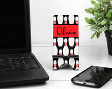 Load image into Gallery viewer, Bowling Cell Phone Stand. Custom Bowler gift, Personalized Bowling gift. Bowling team presents. Bowling themed party favors!
