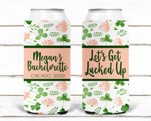 Load image into Gallery viewer, Shamrock Slim Party Huggers. St Patrick&#39;s Day Party Favors. St Patricks Bachelorette huggers. Irish Party Favors. Personalized Can Coolers!
