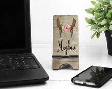 Load image into Gallery viewer, Wood Floral Cell Phone Stand. Custom Phone Stand, floral phone stand, Gift for teacher, iphone holder, cell phone holder, charging stand
