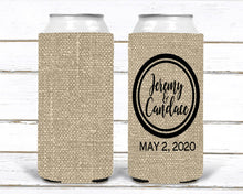 Load image into Gallery viewer, Burlap Slim party favors. 21 30 40 50 Birthday Party Huggers! Custom Wedding Favors. Bachelorette Burlap Slim Can Party Favors.
