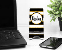 Load image into Gallery viewer, Black and Gold &quot;Glitter&quot; Stripes Phone Stand
