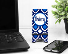 Load image into Gallery viewer, Blues Quatrefoil Cell Phone Stand. Monogram Cell Stand, Fits most Cell phones. Great teacher, mother, sister gift! Personalized gift.
