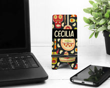 Load image into Gallery viewer, Black Fiesta Cell Phone Stand. Custom Phone Stand, Personalized Fiesta Party Cell stand. Great teacher gift! Fiesta Party favors!
