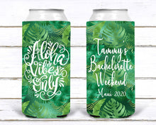 Load image into Gallery viewer, Aloha Vibes Palm Leaves Slim Party Huggers. Hawaii Wedding or Bachelorette Party Favors. Girl&#39;s Weekend Family Vacation Beach Favors.
