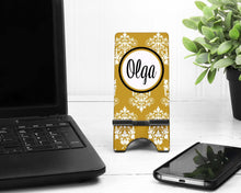 Load image into Gallery viewer, Gold Damask Cell Phone Stand. Name or Monogram! Great Custom teacher or Coworker gift!  Personalized Gift for mom or daughter!
