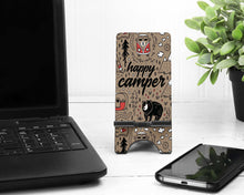 Load image into Gallery viewer, Happy Camper Cell Phone Stand. Camping Theme Cell Phone Stand, Camping Gift! Camping Theme Gift! Camping Birthday Party Favors!
