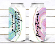 Load image into Gallery viewer, Colorful Geode Slim party huggers. Skinny can party favors. Personalized Birthday or Bachelorette Party Favors. Slim Can Bachelorette
