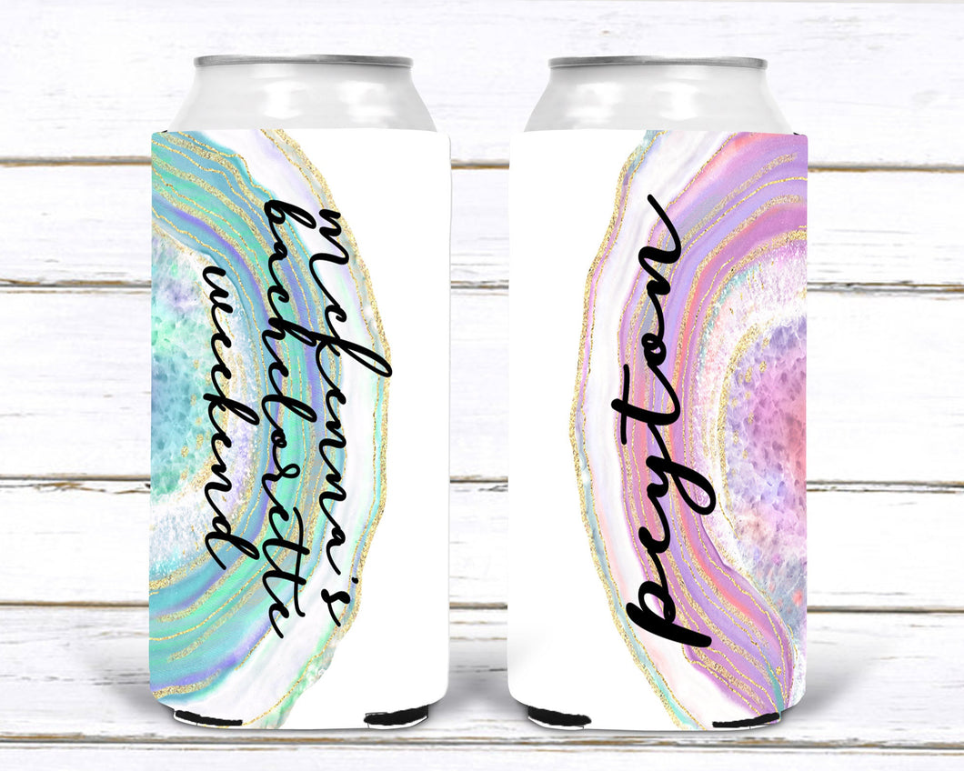 Colorful Geode Slim party huggers. Skinny can party favors. Personalized Birthday or Bachelorette Party Favors. Slim Can Bachelorette