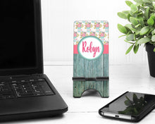 Load image into Gallery viewer, Floral Wood Cell Phone Stand. Custom Phone Stand, floral phone stand, Gift for teacher, iphone holder, cell phone holder, charging stand
