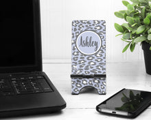 Load image into Gallery viewer, Leopard Cell Phone Stand. Custom Leopard Cell Phone Stand, Fits most Cell phones, Great Teacher or co-worker gift! Personalized Leopard Gift
