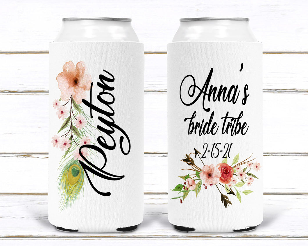 Boho Slim party huggers. Skinny can party favors. Personalized Birthday or Bachelorette Party. Slim Can Floral Bridesmaid Proposal favors!