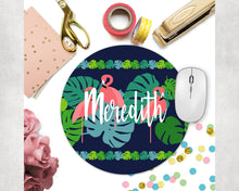 Load image into Gallery viewer, Flamingo Mouse Pad. Personalized Flamingo and Palm gift. Perfect Custom Desk accessory! Great flamingo teacher gift! Mom or Co worker gift!
