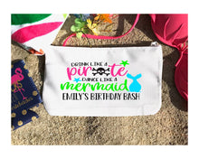 Load image into Gallery viewer, Mermaid Party Make Up bag. Great Beach Bachelorette or Girls Weekend Favors. Mermaid Beach Weekend Make up Bag. Beach Birthday Favors.
