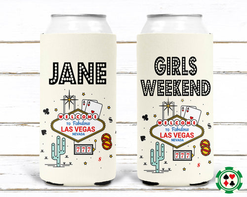 Vegas Party Slim Cans. Vegas Bachelorette or Birthday Girl's weekend Favors. Vegas Bachelorette Party Favors. Custom vegas Party huggers.