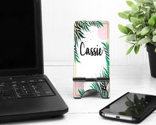 Load image into Gallery viewer, Palm Cell Phone Stand.Personalized Cell Phone Stand, Tropical themed gift. Custom gift for teacher, boss, coworker! Great gift for mom too!
