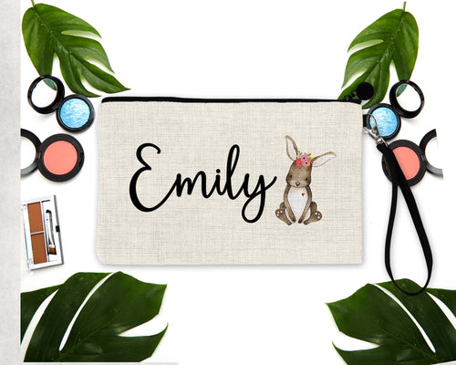 Rabbit Make Up bag. Birthday Gift or Party favors! Flower Girl Make up Bag. Bunny Birthday Favor Bags. Custom Bunny themed gift!