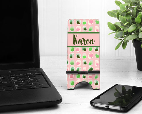 Pink and Green Cell Phone Stand. Custom Phone Stand, Fits most Cell phones. Great Sorority gift. Perfect for desks, night stands!