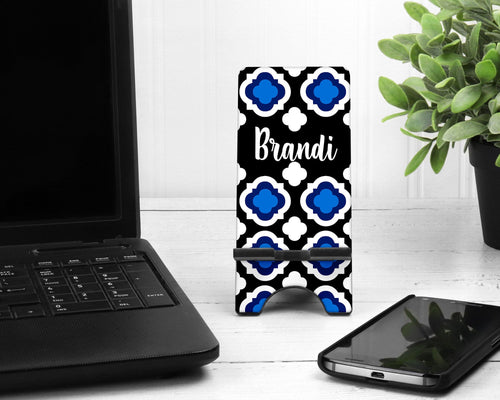 Blues Quatrefoil Cell Phone Stand. Monogram Cell Stand, Fits most Cell phones. Great teacher, mother, sister gift! Personalized gift.