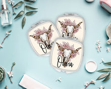 Load image into Gallery viewer, Cow Skull Mirror | Personalized | Bridal Party Favor | Bridesmaid Gift | Bachelorette Party Favors | Make up Mirror |Shit Kit Bags
