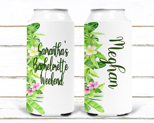 Palm Leaves Party Huggers. Slim Can Wedding or Bachelorette Party Favors. Tropical Beach Girl's Weekend or Family Vacation. Birthday Favors!