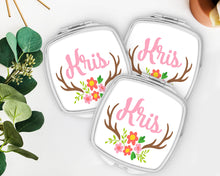 Load image into Gallery viewer, Antler Mirror | Personalized | Bridal Party Favor | Bridesmaid Gift | Bachelorette Party Favors | Make up Mirror |Shit Kit Bags
